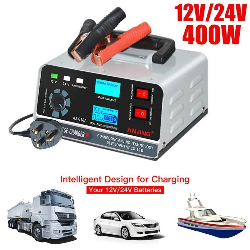 Pengisi daya baterai 400W daya besar, pengisi daya baterai mobil 12V/24V, perbaikan denyut pintar untuk mobil SUV truk perahu