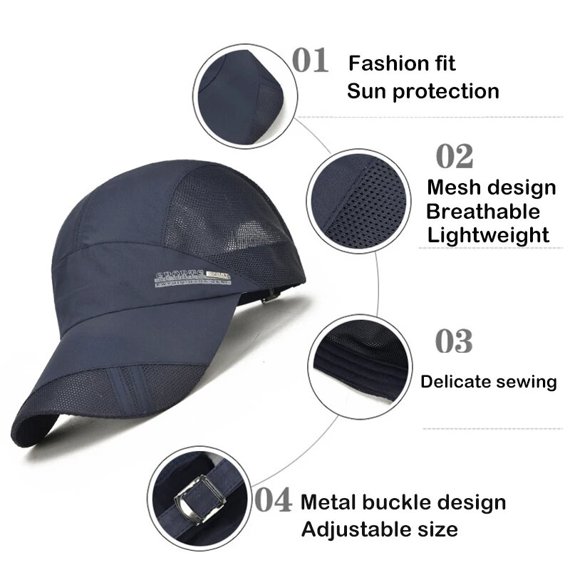 Tampas de beisebol respiráveis para homens e mulheres, Half Hollow, Mesh, Secagem Rápida, Unisex Sun Hat, Outdoor Sun Protection, Adjustable Sports Cap