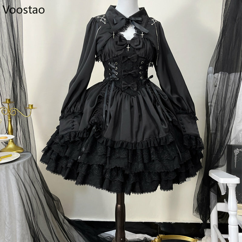 Vintage Gothic Lolita Dress Women Victorian Punk Slim Bandage Princess Party Dresses Girls Cute Metal Cross Bow Evening Dress
