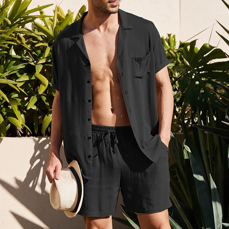 Pakaian pria atasan celana pendek Hawaii longgar motif pria kasual katun campuran kemeja lengan pendek setelan kaus musim panas