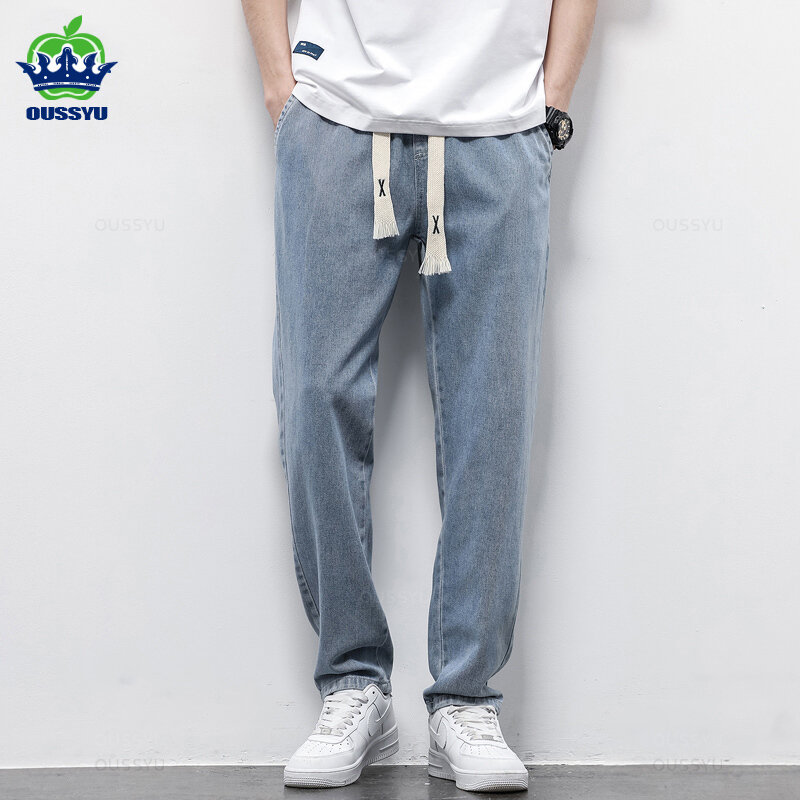 Frühling Sommer Herren Jeans Baumwolle weichen Kordel zug gerade Hose elastische Taille Vintage Korea Freizeit hose männlich plus Größe S-5XL