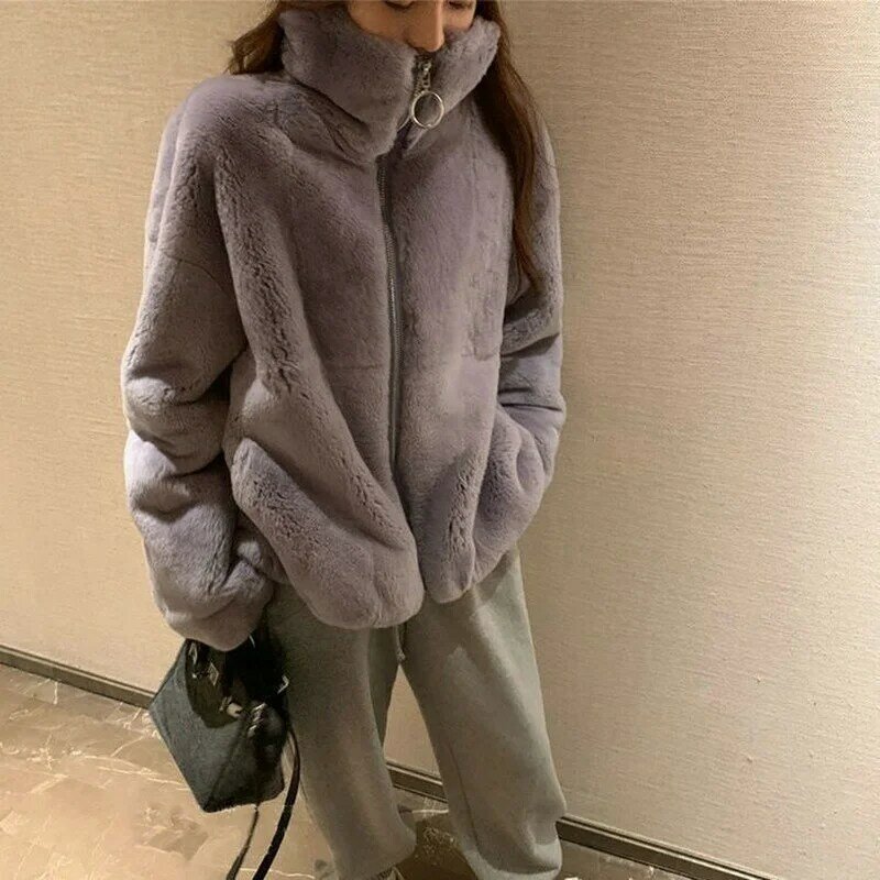 Damska kurtka zimowa moda jednolity kolor płaszcz ze sztucznego futra koreańska wersja luźna prostota stójka damska odzież płaszcz