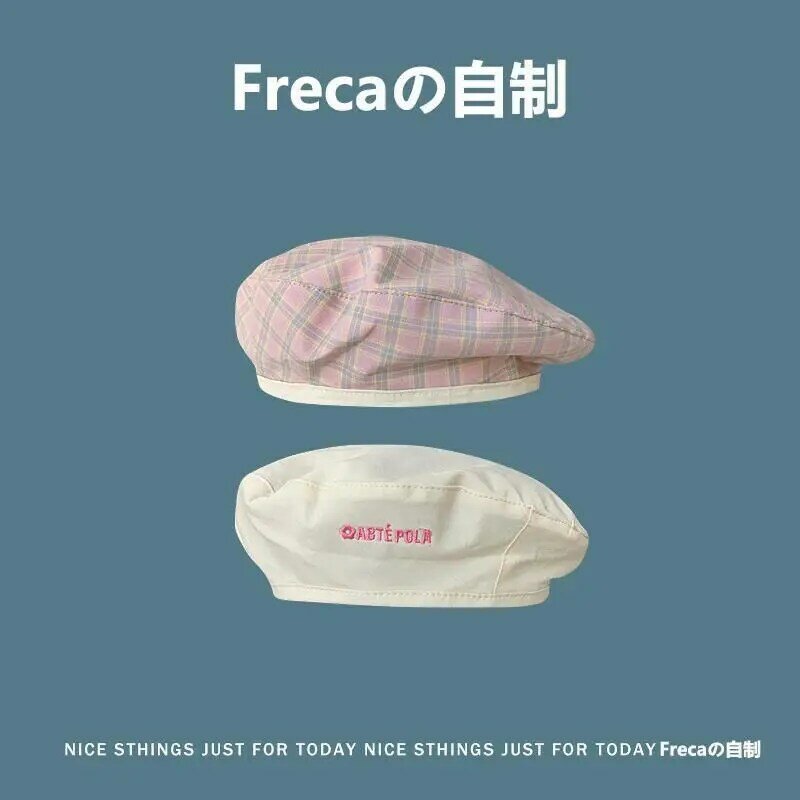 일본 작은 양면 격자 무늬 벨 모자, 얇은 다목적 문자 자수, 학생 아티스트 모자, 용수철 여름