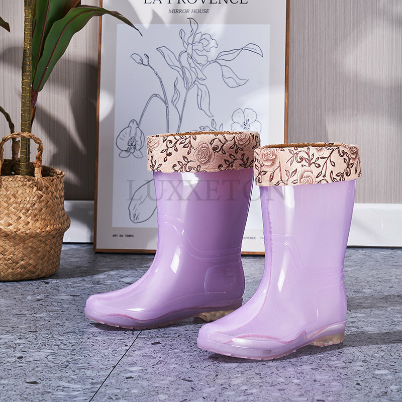 Kalosze damskie wodoodporny PVC buty do wody robocze dla dziewczynek w cukierkowym kolorze modne buty wsuwane do kolan