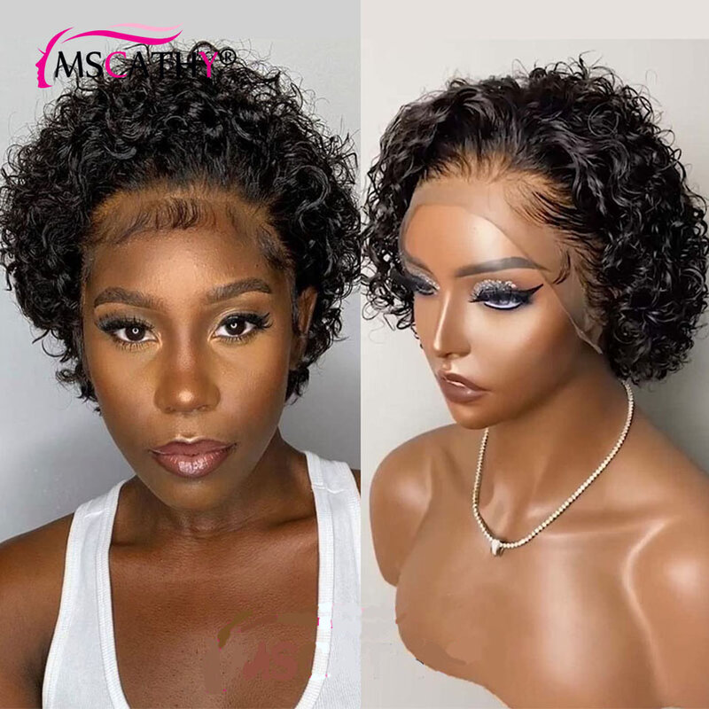 Pelucas de cabello humano brasileño para mujeres negras, corte Pixie corto, encaje transparente, Color negro Natural, 13x1
