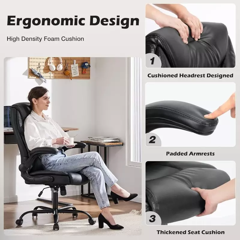 Executive wysokim oparciem duże i wysokie skórzane krzesła biurko z klapką stabilizator lędźwiowy, regulowana wysokość, koła, miękka wyściólka, czarny