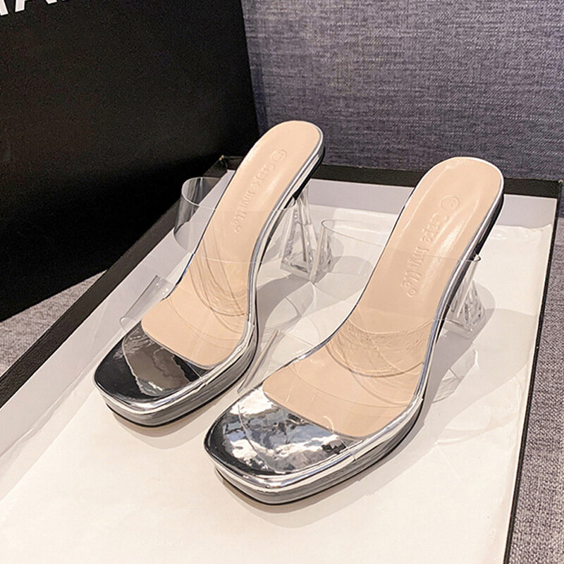 Sandalias de tacón alto transparentes de una línea para mujer, zapatillas de tacón de plataforma impermeables a la moda, Sexy, verano, nuevo