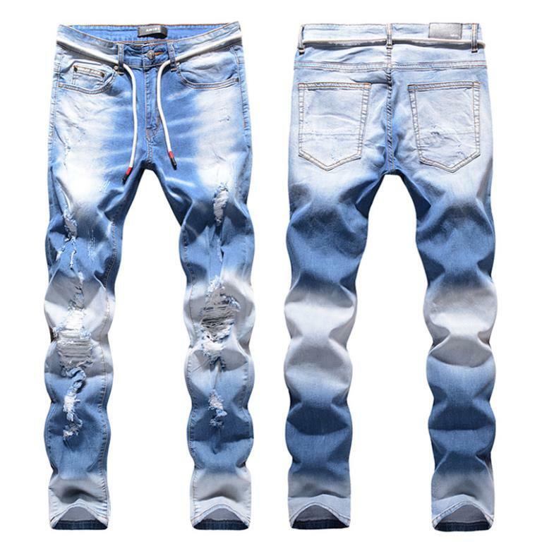 Wiosenne letnie męskie jeansy w stylu Vintage niebieski jednolity kolor elastyczne smukłe męskie spodnie dżinsowe motocyklowe spodnie ołówkowe
