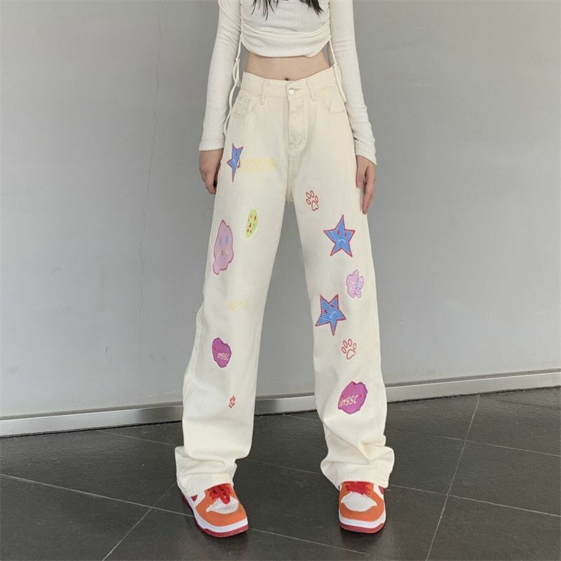 American high street denim pants trend is full of loose and flesh-shielded straight leg wide casual pants for men and women