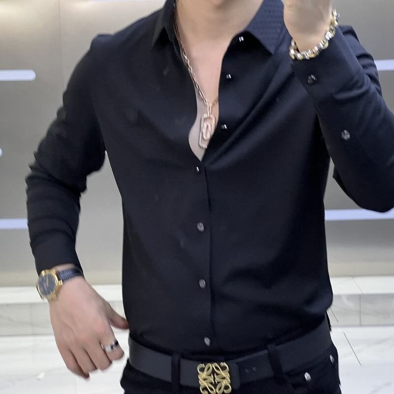 Spring Summer New Smart Casual Thin Shirt Men's Solid Lapel Button Slim Korean Fashion Simple Trend Versatile Long Sleeved Top