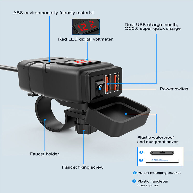 Carregador USB para motocicleta com voltímetro, QC3.0 PD, carregamento rápido, adaptador rápido, tomada de 12V