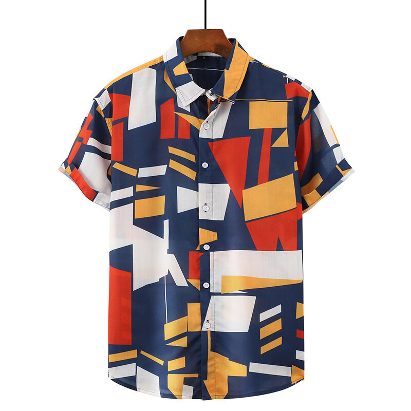 Camisas de manga alta de marca de lujo de alta calidad para hombre, camisas informales de diseño abstracto geométrico de talla grande, Tops de manga corta de verano