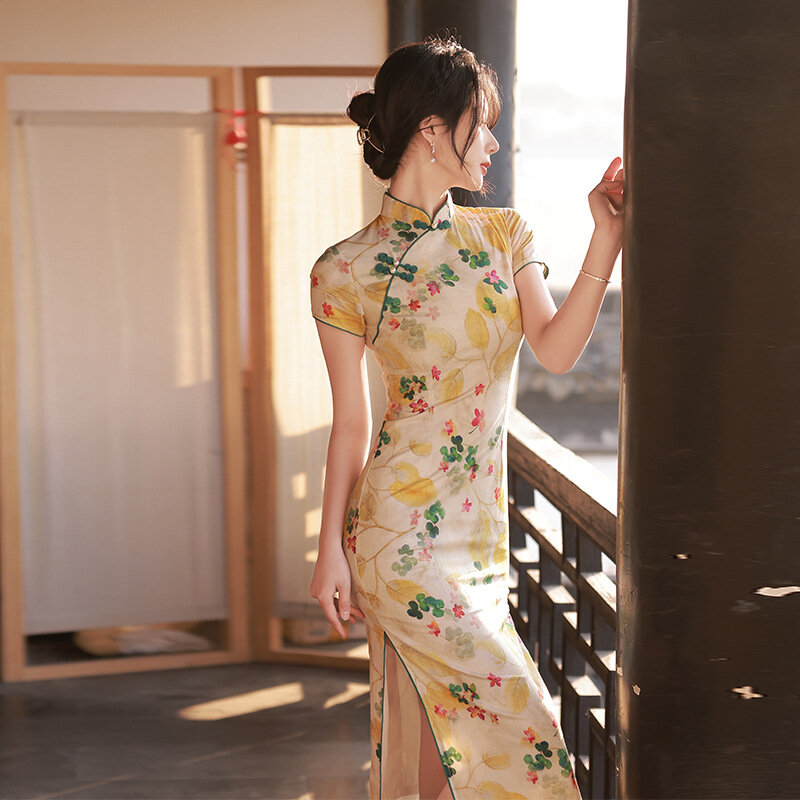 Feminino chinês clássico cheongsam longo, qipao elegante para meninas, jovem glamouroso, primavera e verão, novo, melhorado, 2024