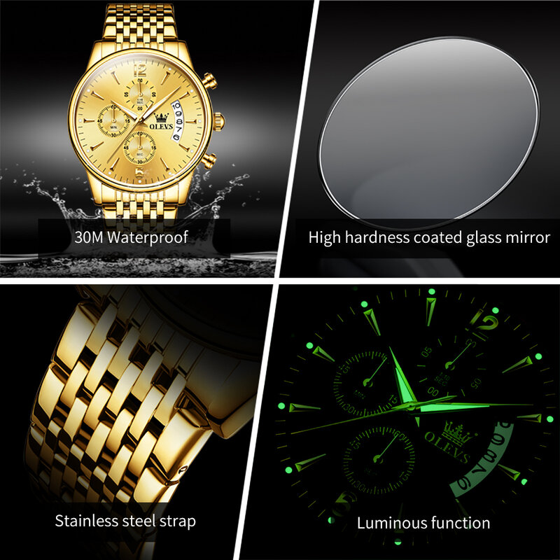 ساعة OLEVS-ساعة كوارتز ذهبية فاخرة للرجال ، فولاذ مقاوم للصدأ ، مقاوم للماء ، رياضة ، متعددة الوظائف ، كرونوغراف ، علامة تجارية