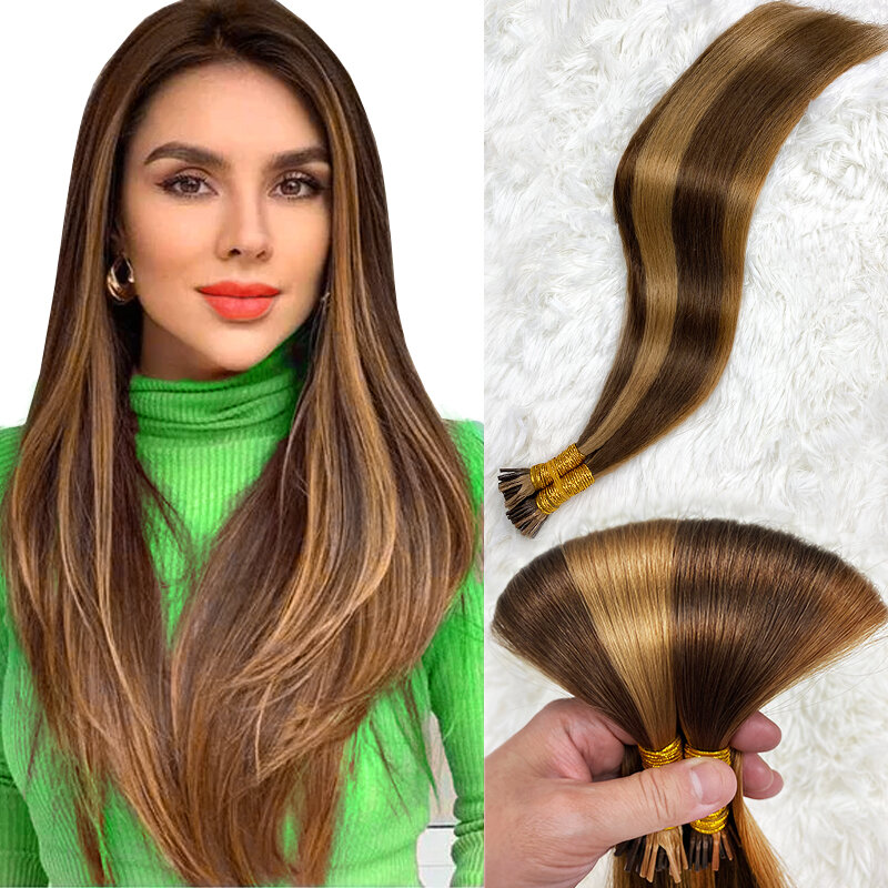 Ekstensi rambut ujung I lurus 100% Natural Real Human Fusion 50 buah/set kapsul Keratin warna pirang coklat 18-30 inci