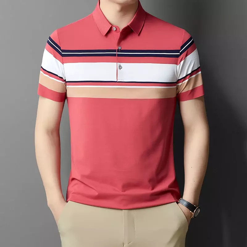 Short Sleeved T-shirt, Men's Striped Summer Thin Style Business Casual Loose Polo Shirt Top
