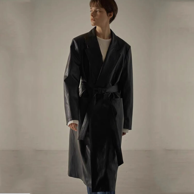 Женская Классическая Свободная куртка из ПУ кожи, с поясом