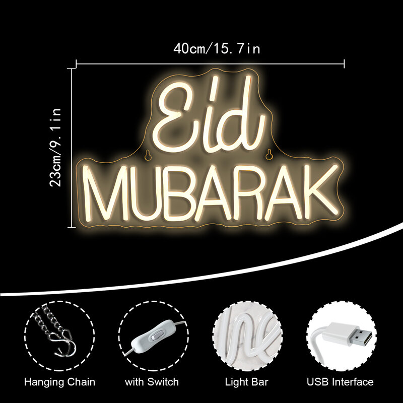 Eid mubarakネオンLEDサインライト、ラマダンレター、部屋の装飾、寝室、ホームパーティー、フェスティバル、ライトアップ、sigh、USB、アート、ウォールランプ