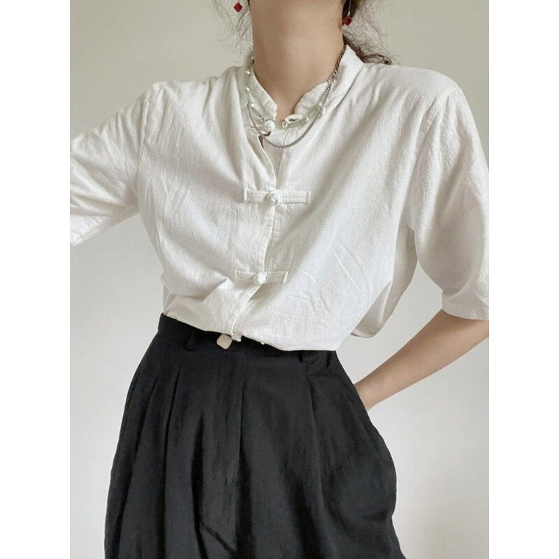 QWEEK kemeja lengan pendek Linen putih wanita blus kancing gaya Tiongkok musim panas Vintage elegan kasual Chic 2024 estetika