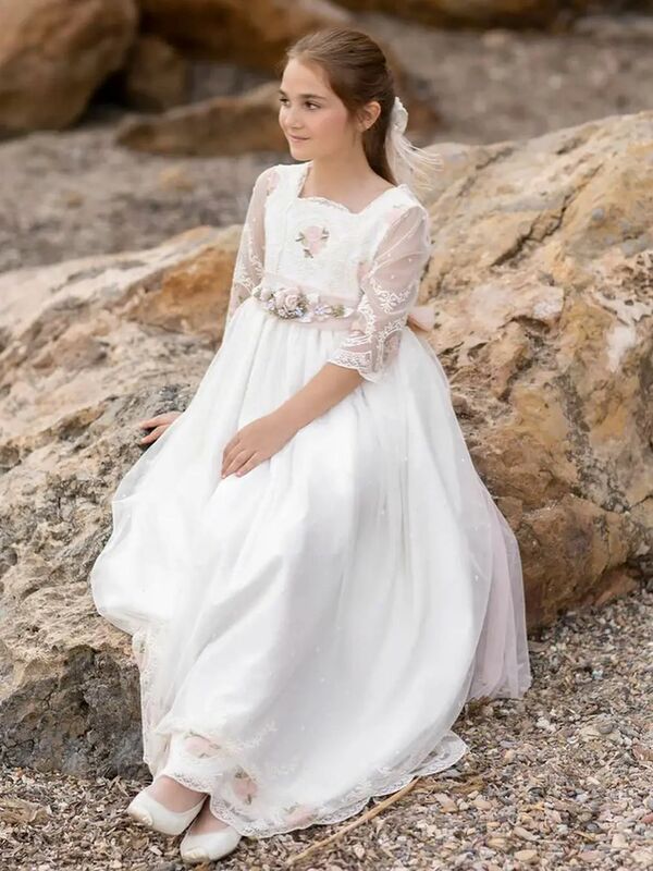 Fatapese bajki kwiat dziewczyna dziecko sukienka koronka księżniczki kwiatowa wstążka z różową kokardką pas Bridemini Junior druhna suknia na przyjęcie ślubne