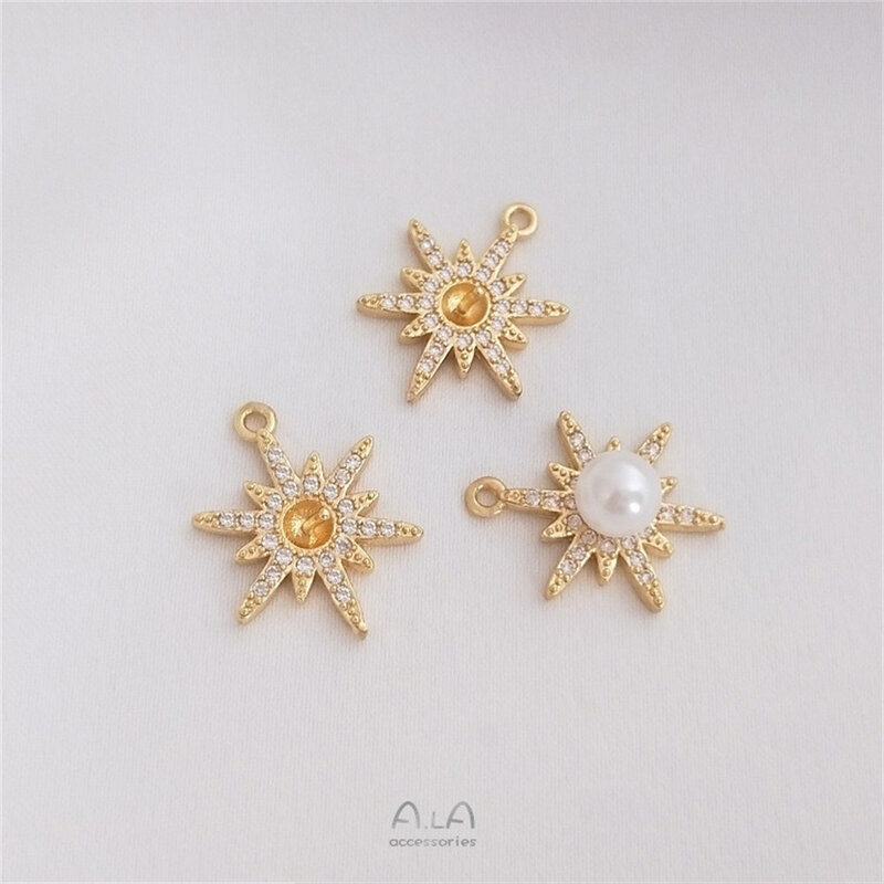 14K Gold Package with Micro Inlaid Zircon, Mangxing Snowflake, Half Hole Pearl Pendant, DIY Star Necklace Pendant K186