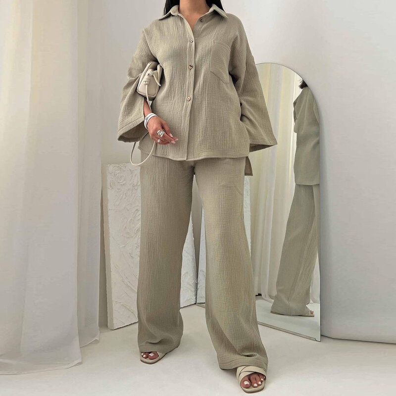 Conjuntos de 2 piezas de talla grande para mujer, blusa informal de manga larga con botones, cintura elástica, pantalones de pierna ancha de cintura alta, trajes Casuales