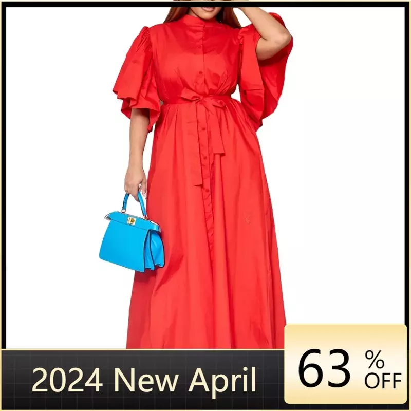 Африканские платья-Макси для женщин, лето 2024, элегантное Африканское платье-рубашка из полиэстера с коротким рукавом, Дашики, африканская одежда, платья