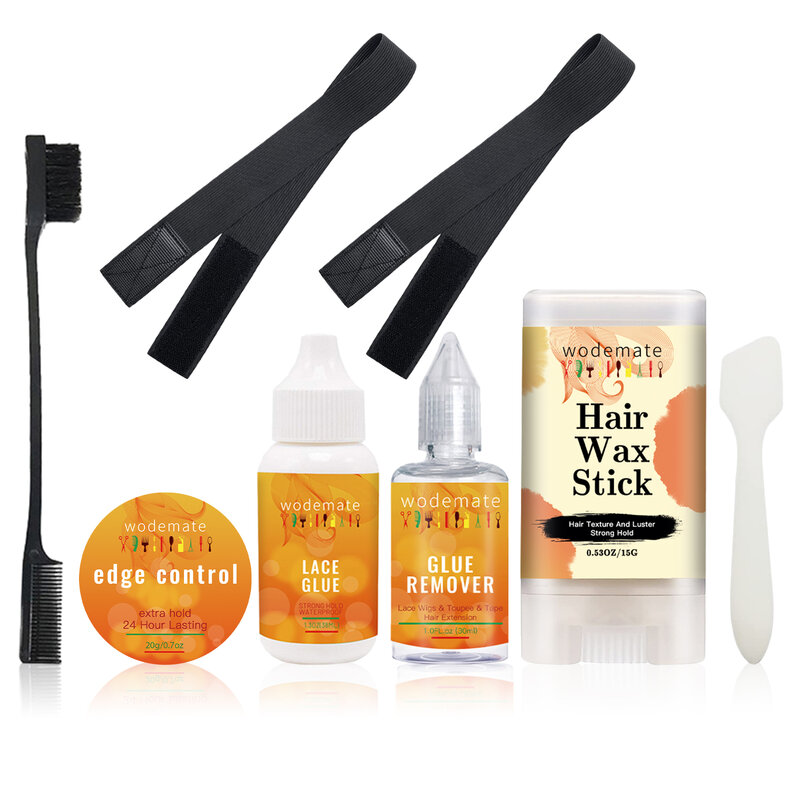 Peruca Instalação Kit Set, HD Wig Caps, cola e removedor, Melt Band para Lace Frontal, Wax Stick com escova de borda, 8pcs