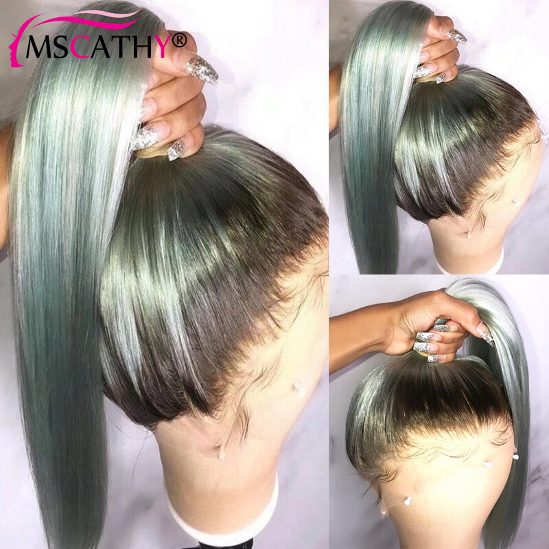 Peluca de cabello humano brasileño liso para mujer, postizo de encaje Frontal transparente, color ombré, púrpura y verde claro