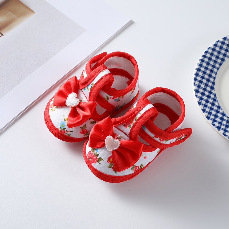 유아용 플랫 슈즈, 부드러운 밑창 나비 매듭 꽃 프린트, 미끄럼 방지 캐주얼 귀여운 신발