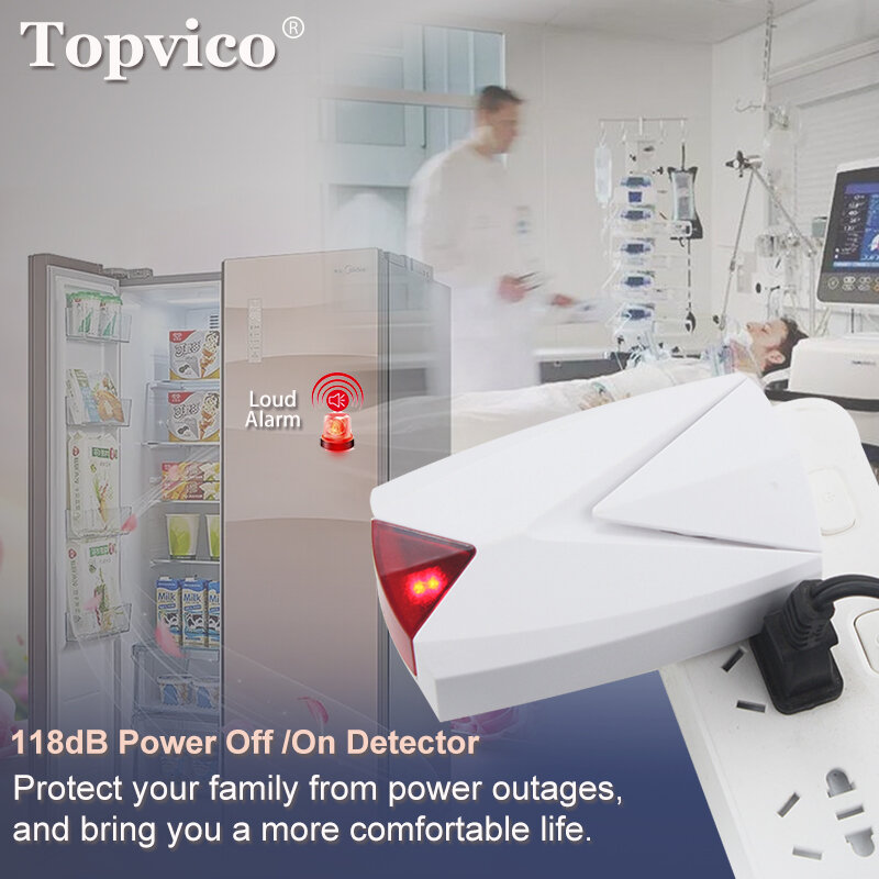 Topvico-Alarma de fallo de energía de 2 piezas, Detector de alerta de encendido y apagado, 100V-220V, Sensor de corte de congelador/médico, 118dB, sirena fuerte con LED