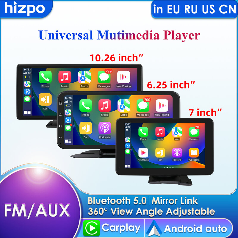 Universal Car Multimedia Video Player, 10.26 ", 360 ° Rotatable tela ajustável, Android Carplay, Auto USB AUX da câmera traseira