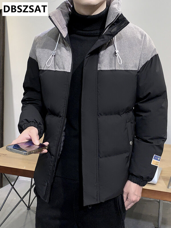 코듀로이 패치 워크 스탠드 칼라 보온 바람막이 패딩 코트 남성용, 따뜻한 파카, 두꺼운, 플러스 사이즈 8XL, 2023 년 겨울 신제품