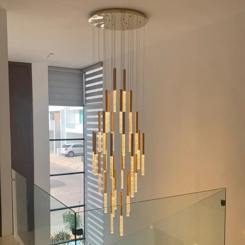 Villa duplex staircase chandelier luxury hanging lights gold tube crystal luster lamp home decoration hotel lobby light dimmable