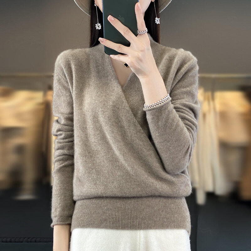 Sweter rajut wol murni leher V, kelas atas 100% wol murni sweater kasmir longgar dan ramping atasan di musim gugur dan musim dingin