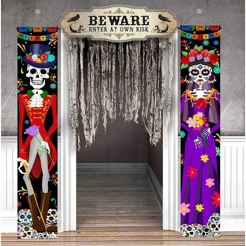 Day Of The Dead Flag Decor Porch Sign Couplets Halloween Decorations Skeleton Couple Props Outdoor Party Supplies   New