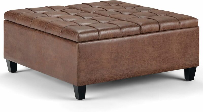 36" Wide Square Coffee Table Lift Top Storage Footstool, Upholstered Distressed Amber Brown Tufted Faux Leather
