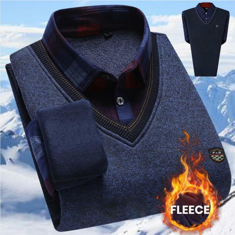 Warm Male Shirt Plaid Print Men Shirt Windproof Warm Men's Pullover Sweatshirt with Plush Lining Cozy Winter Top for A Stylish