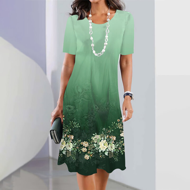 Vestido holgado de verano para mujer, en 3D jersey con estampado de flores, falda elegante para vacaciones, 2024