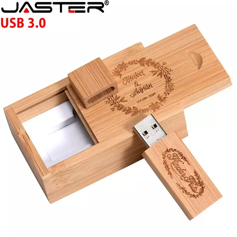 JASTER Free Custom Logo USB Flash Drives 128GB Photography Studio USB Stick 3.0 64GB 32GB Box Wood Pen Drive 16GB Wedding Gift