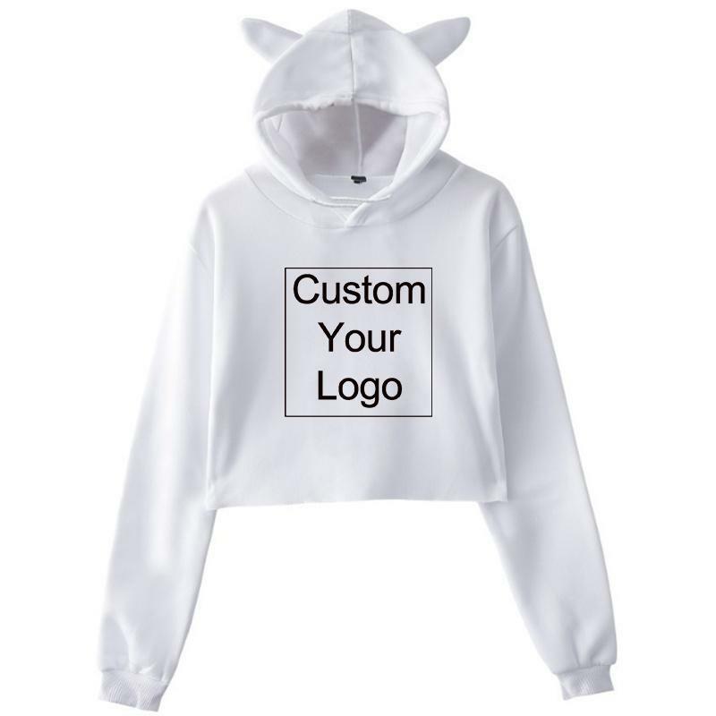 Woman Custom Printing Cat Ear Hoodie Women Diy Your Like Photo or Logo Cropped Sweatshirts Female Streetwear Crop Tops