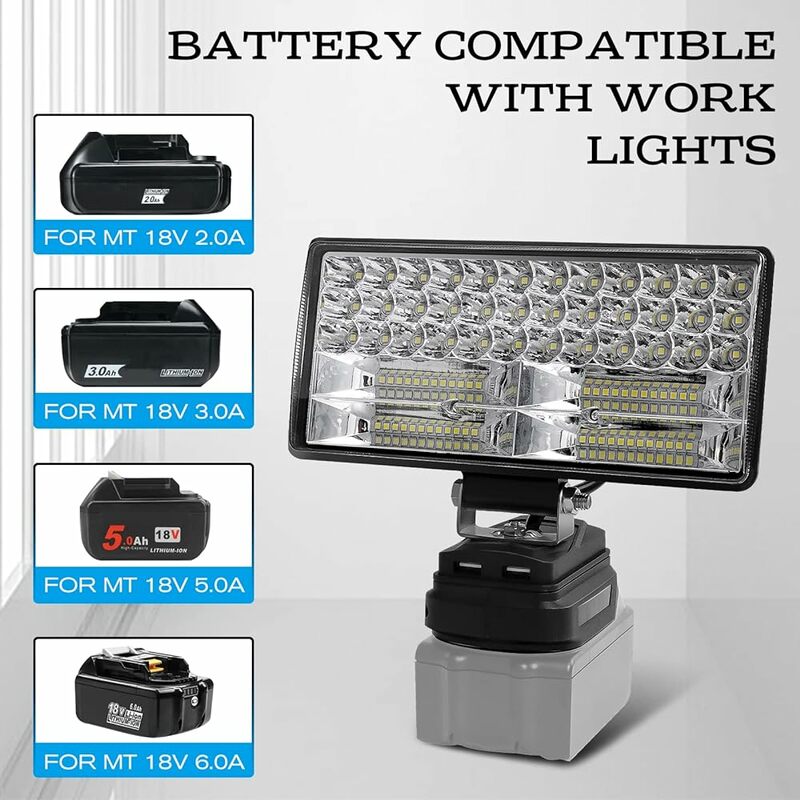 Lâmpada de iluminação LED com porta USB dupla, luzes de emergência, bateria Li-ion 18V, 11800LM para Makita 35W, compatível