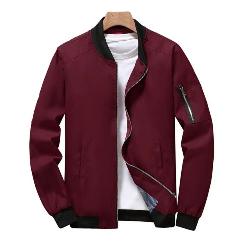 Jaqueta elegante com fecho de zíper masculino, jaqueta elegante, gola, bolsos, slim fit, negócios, casual, outono, inverno