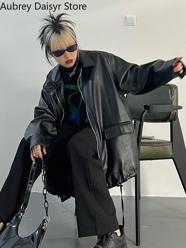 Jaqueta de couro punk preta feminina, streetwear de moto, casaco de couro com zíper, jaqueta vintage casual na rua alta, inverno, 2023