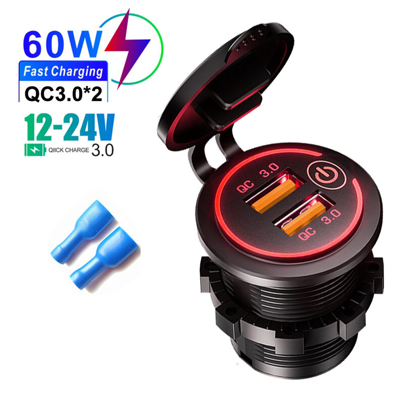 고속 충전 3.0 듀얼 USB 차량용 오토바이 소켓, 방수 전원 콘센트 충전 어댑터, 12V, 24V, 60W