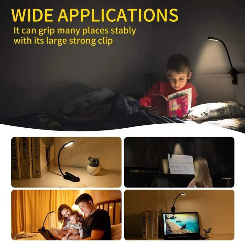 7 LED Book Light USB Rechargeable Reading Light 3-Level Warm Cool White Daylight Portable Flexible Easy Clip Night Reading Lamp