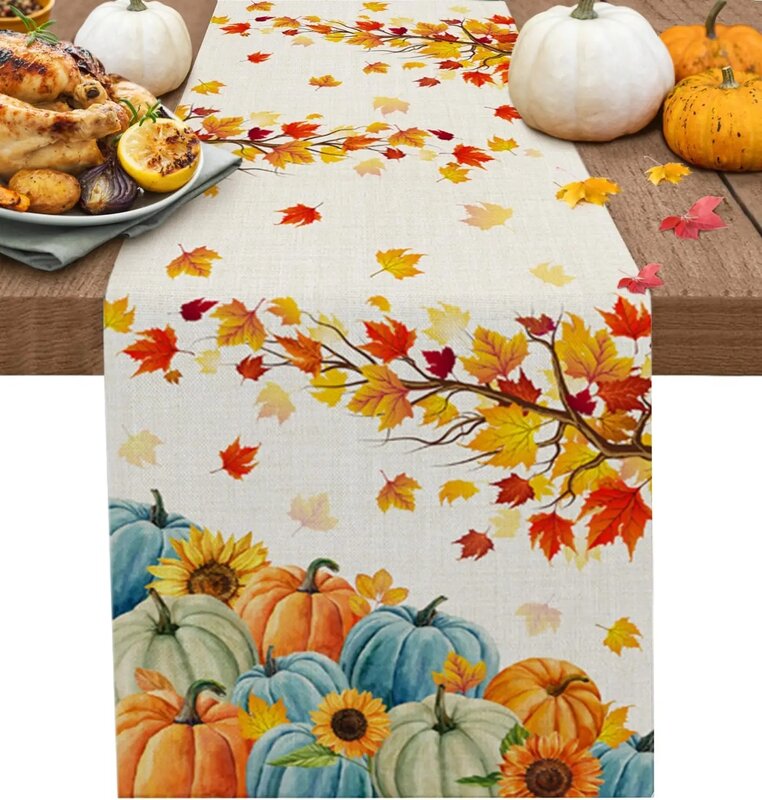 Fall Thanksgiving Pumpkin Maple Leaves Linen Table Runners Farmhouse Dresser Scarf Table Decor Wedding Party Dining Table Decor