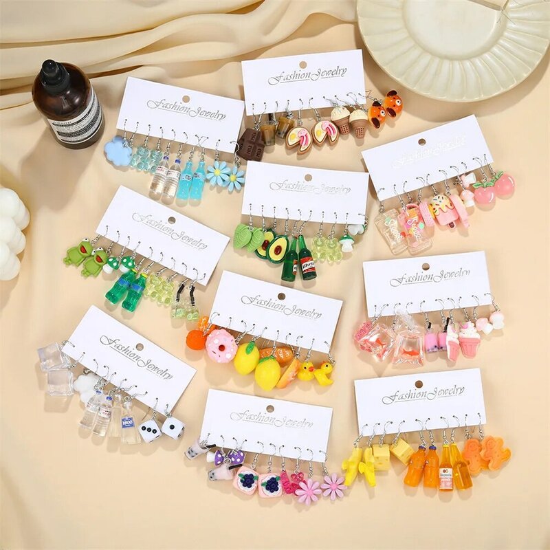 Cute Cartoon Animal Fruit Earrings Set for Women Girl Simulated Resin Acrylic Food Drink Icecream DIY Dangle Earring Jewelry New
