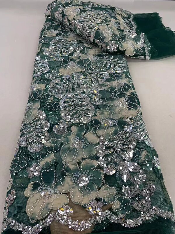 Tela de encaje con cuentas bordadas de malla francesa elegante con lentejuelas, tela nigeriana africana para vestido de novia, moda 2024