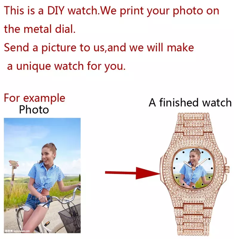 Customize Photo Unisex Watch Design Logo Print Logo On Watch Dial Image Printing Luxury Rhinestone Wristwatch For Men And Women